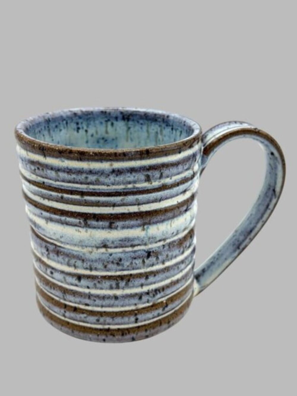 Mirage Studio Pottery Mug Signed Handmade Blue Gray Striped Stoneware Coffee Cup